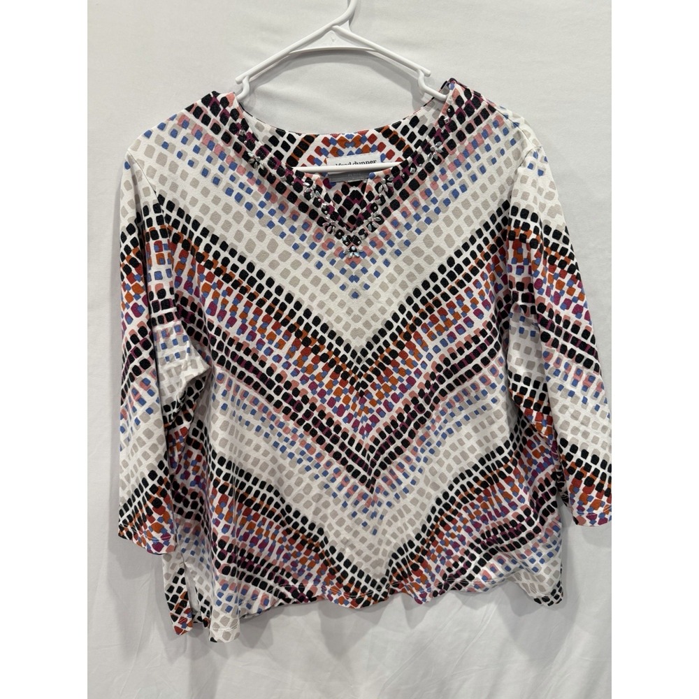 Alfred Dunner Petite Top Medium PM Chevron Geometric Beaded V-Neck 3/4 Sleeve